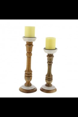  SET OF 2 WOOD MARBLE CANDLE HOLDER [201516]