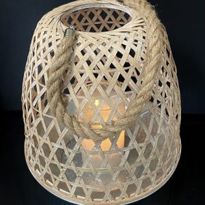 WOOD LATTICE LANTERN W/ ROPE HANDLE 13.50"X15"