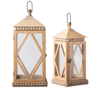 WOODEN LANTERNS W/ BEADED DETAIL S/2, 10.5x10.5x21.5", 7.25x7.25x16.5"
