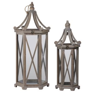 WOODEN LANTERNS, HEXAGON W/ CABRIOLE TOP S/2, 13"x31.5", 9"x24.75"