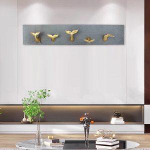 RESIN GOLD-LEAF WHALE TAIL ON CEMENT PANEL,39x5x8"