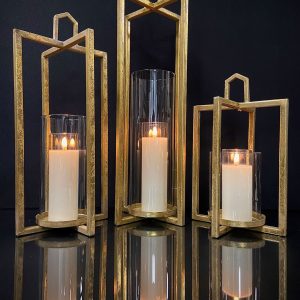 S/3 OPEN CONCEPT GOLD LANTERNS 4.9"SQx18.5,14.5,11"H