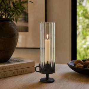 IRON & GLASS CANDLE HOLDER 5X3.5X15.5"